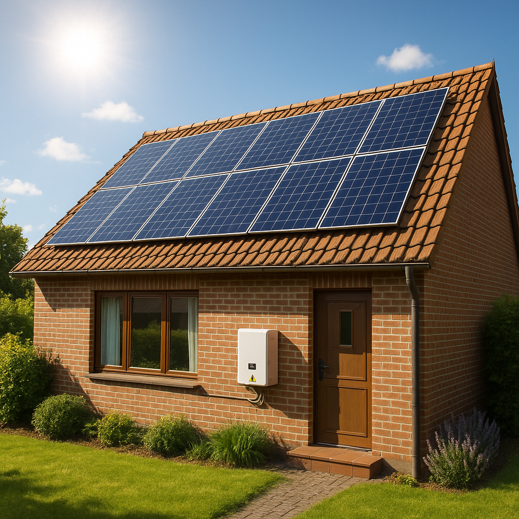 Haus mit Solaranlage und Wechselrichter bei schönem Wetter